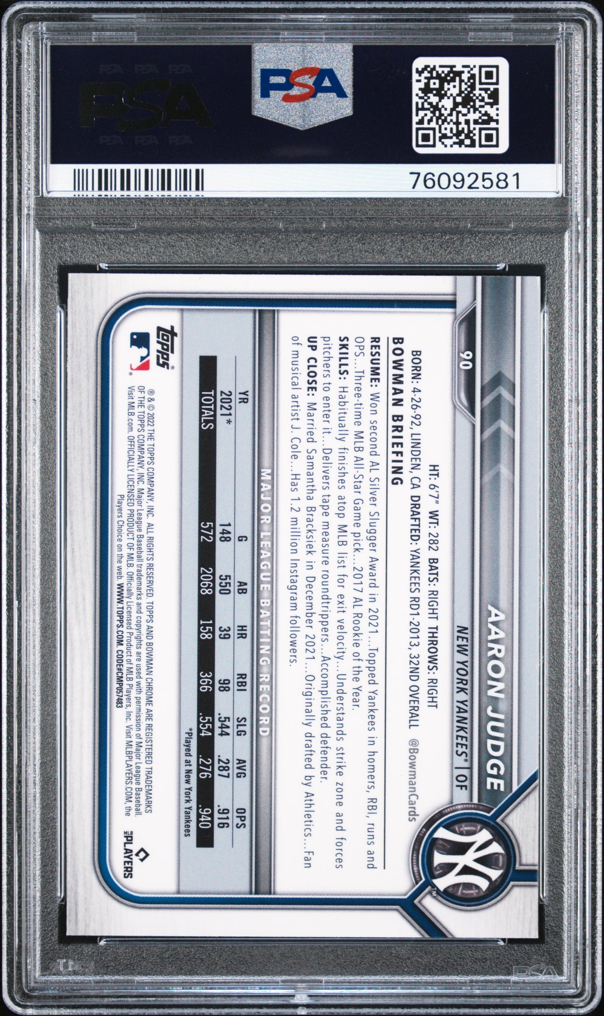 Aaron Judge 2022 Bowman Chrome Sapphire Edition Baseball Card #90 Graded PSA 10 Cert #76092581-Powers Sports Memorabilia