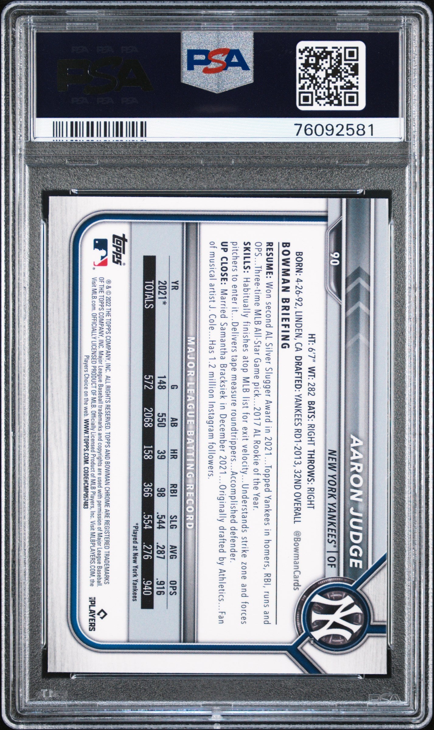 Aaron Judge 2022 Bowman Chrome Sapphire Edition Baseball Card #90 Graded PSA 10 Cert #76092581-Powers Sports Memorabilia