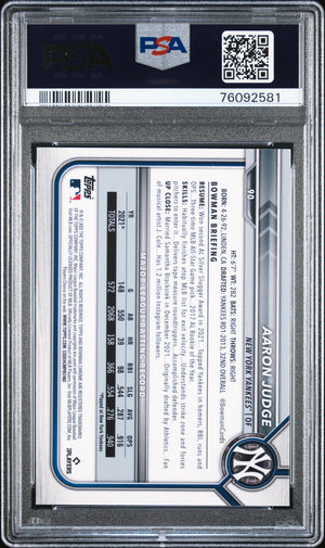 Aaron Judge 2022 Bowman Chrome Sapphire Edition Baseball Card #90 Graded PSA 10 Cert #76092581-Powers Sports Memorabilia