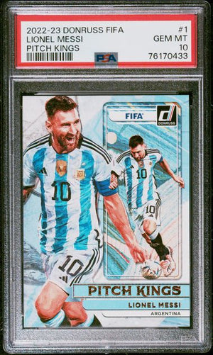 Lionel Messi 2022 Donruss FIFA World Cup Pitch Kings Soccer Card #1 Graded PSA 10-Powers Sports Memorabilia
