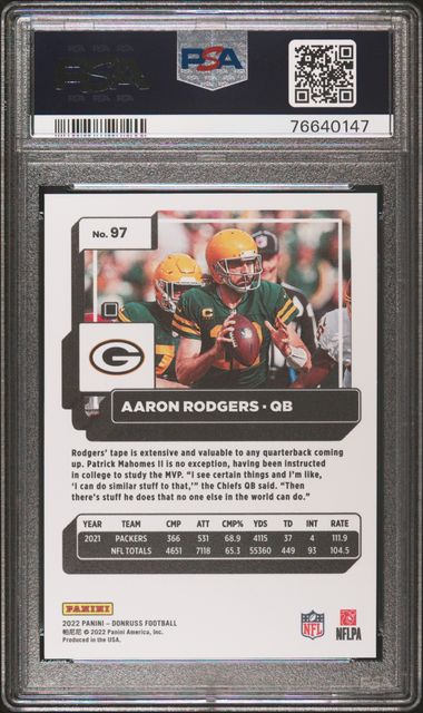 Aaron Rodgers 2022 Panini Donruss Press Proof Premium Football Card #97 Graded PSA 10