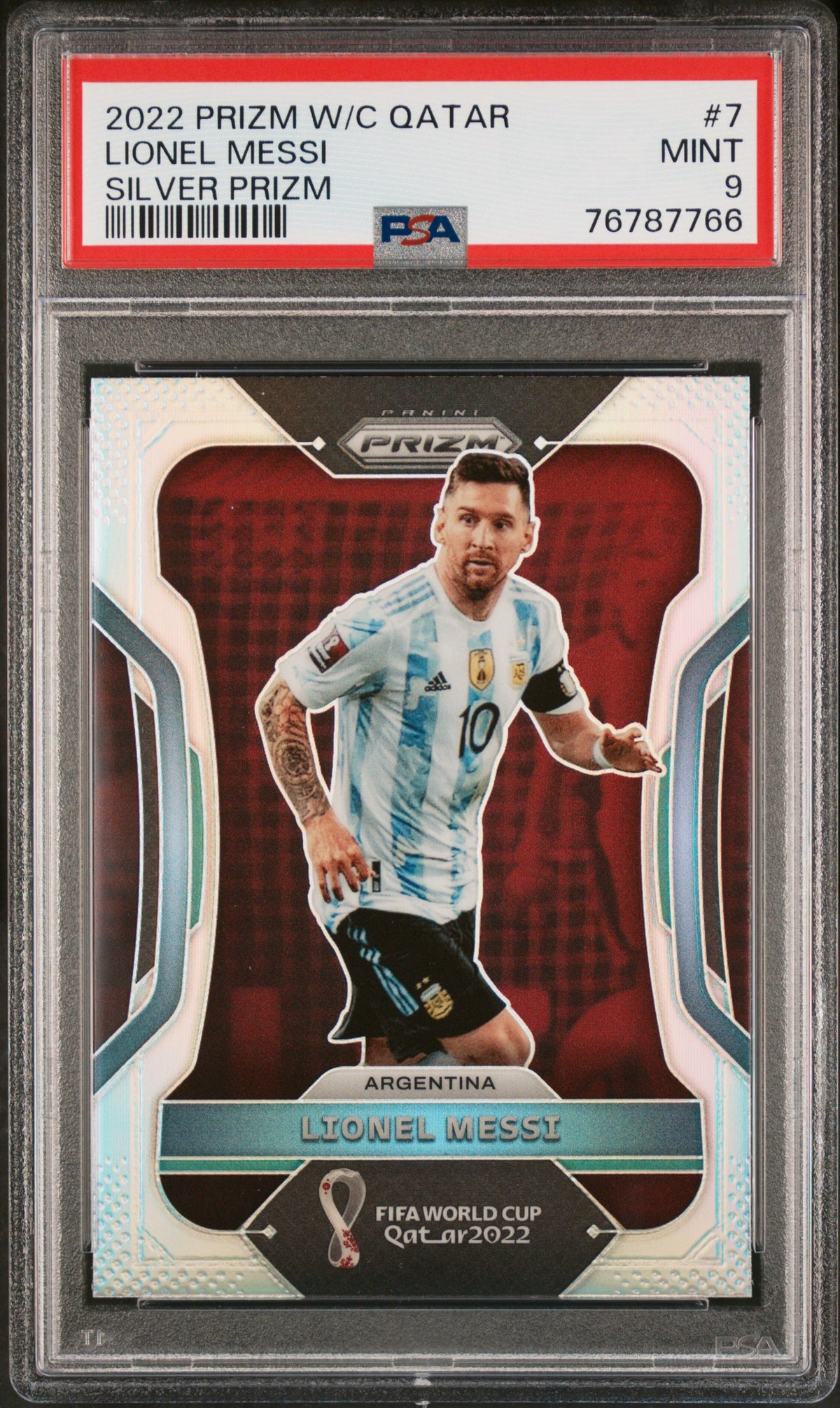 Lionel Messi 2022 Panini Silver Prizm World Cup Qatar Soccer Card #7 Graded PSA 9-Powers Sports Memorabilia