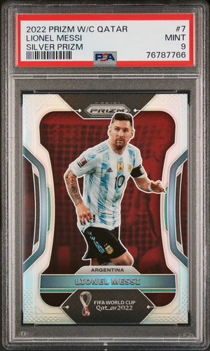 Lionel Messi 2022 Panini Silver Prizm World Cup Qatar Soccer Card #7 Graded PSA 9-Powers Sports Memorabilia