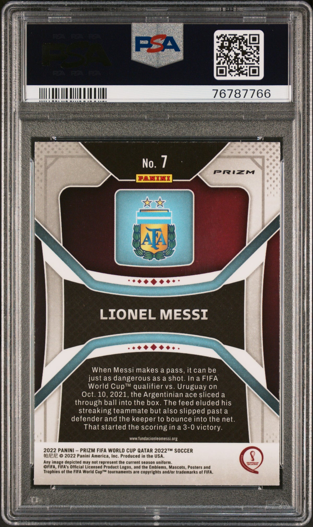 Lionel Messi 2022 Panini Silver Prizm World Cup Qatar Soccer Card #7 Graded PSA 9-Powers Sports Memorabilia