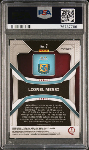 Lionel Messi 2022 Panini Silver Prizm World Cup Qatar Soccer Card #7 Graded PSA 9-Powers Sports Memorabilia