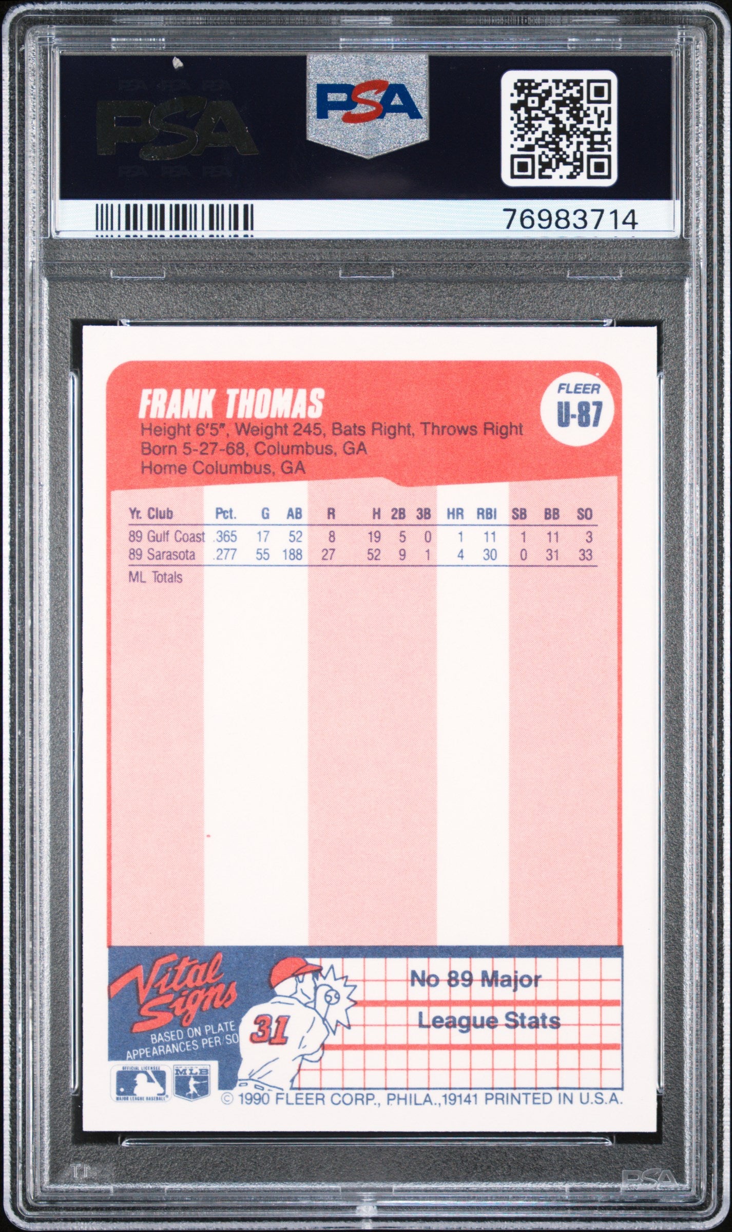 Frank Thomas 1990 Fleer Update Chicago White Sox Baseball RC Rookie Card #U-87 Graded PSA 10 Cert #76983714