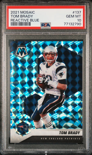 Tom Brady 2021 Mosaic Reactive Blue Football Card #137 Graded PSA 10 Cert #77132790-Powers Sports Memorabilia