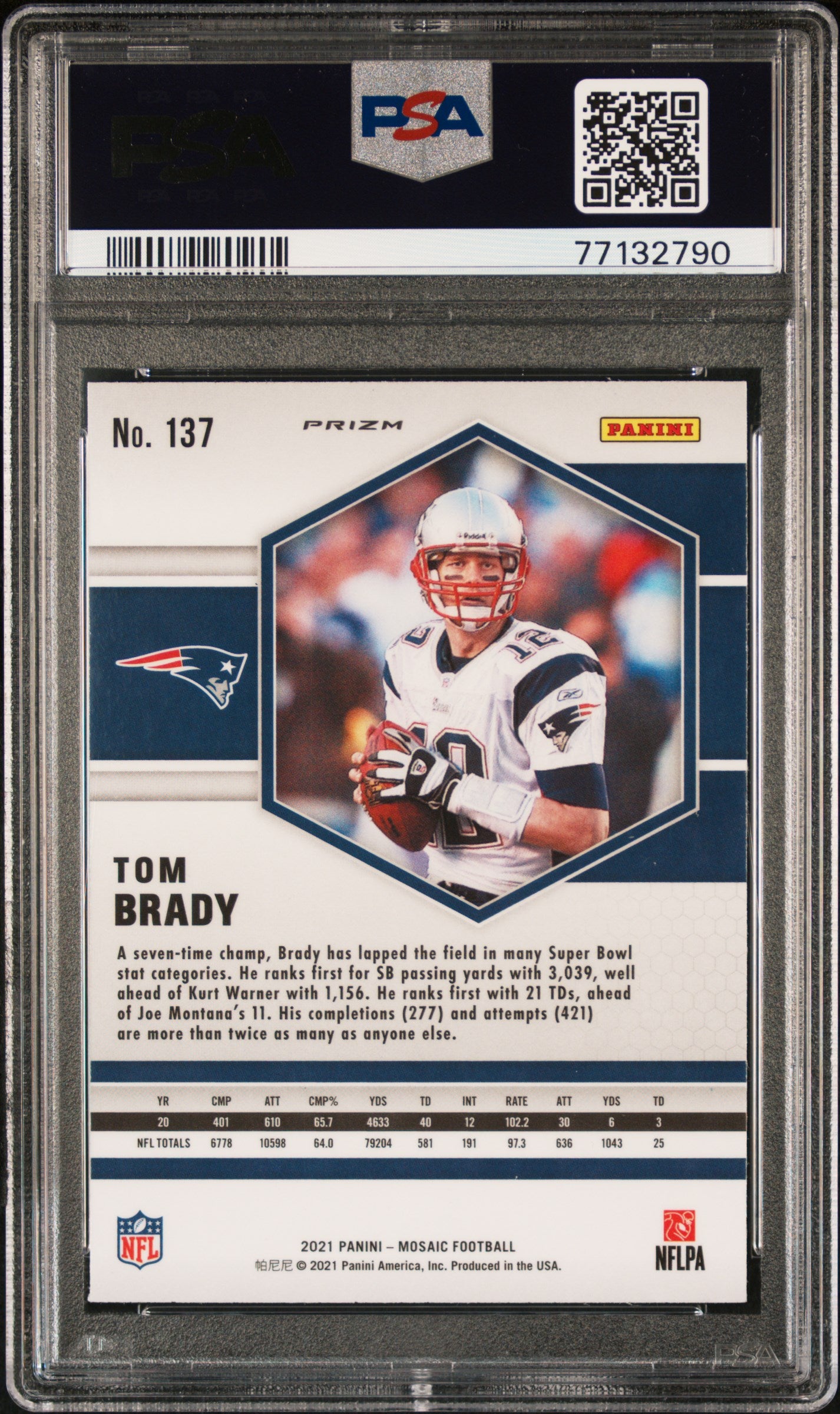 Tom Brady 2021 Mosaic Reactive Blue Football Card #137 Graded PSA 10 Cert #77132790-Powers Sports Memorabilia