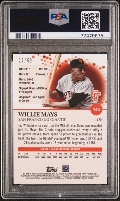 Willie Mays 2022 Topps Pristine Gold Refractor San Francisco Giants Baseball Card #143 27/50 Graded PSA 10 Cert #77479675
