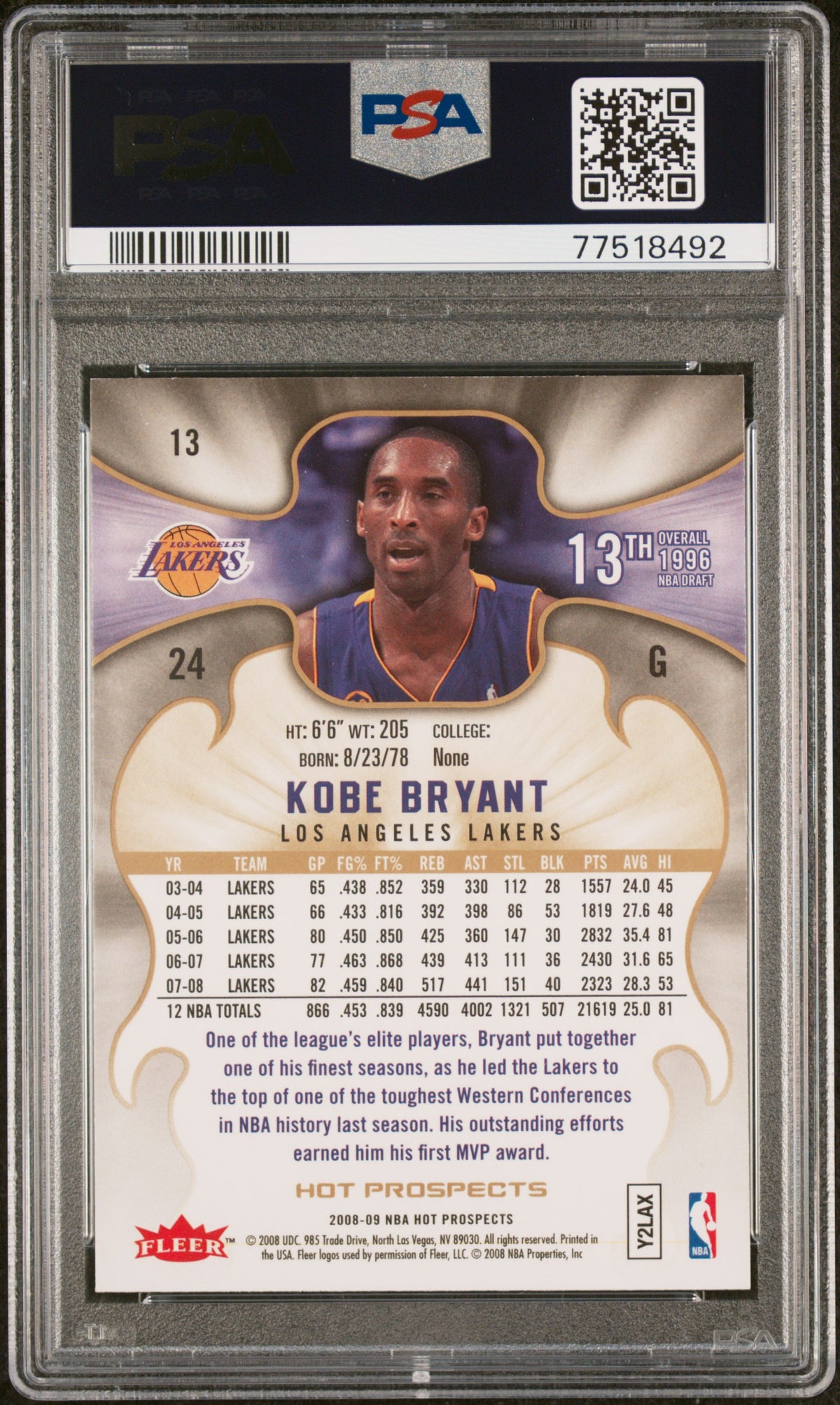 Kobe Bryant 2008 Fleer Hot Prospects Basketball Card #13 Graded PSA 10 Cert #77518492-Powers Sports Memorabilia