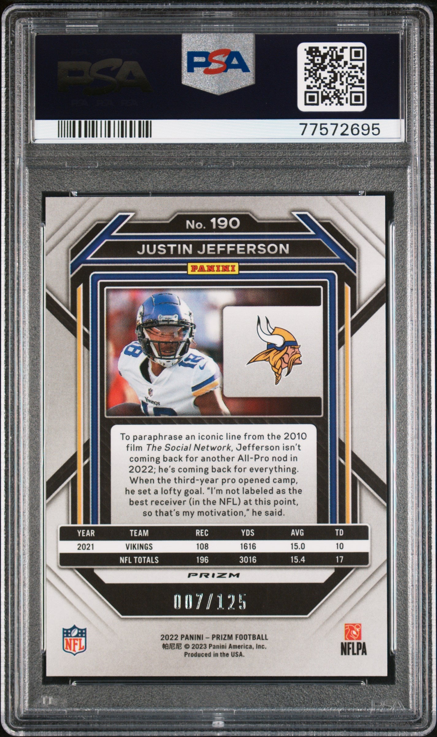 Justin Jefferson 2022 Panini Prizm Purple Football Card #190 Graded PSA 10-Powers Sports Memorabilia