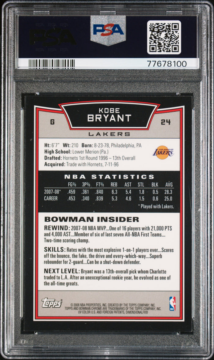 Kobe Bryant 2008 Bowman Chrome Lakers Card #24 PSA 8