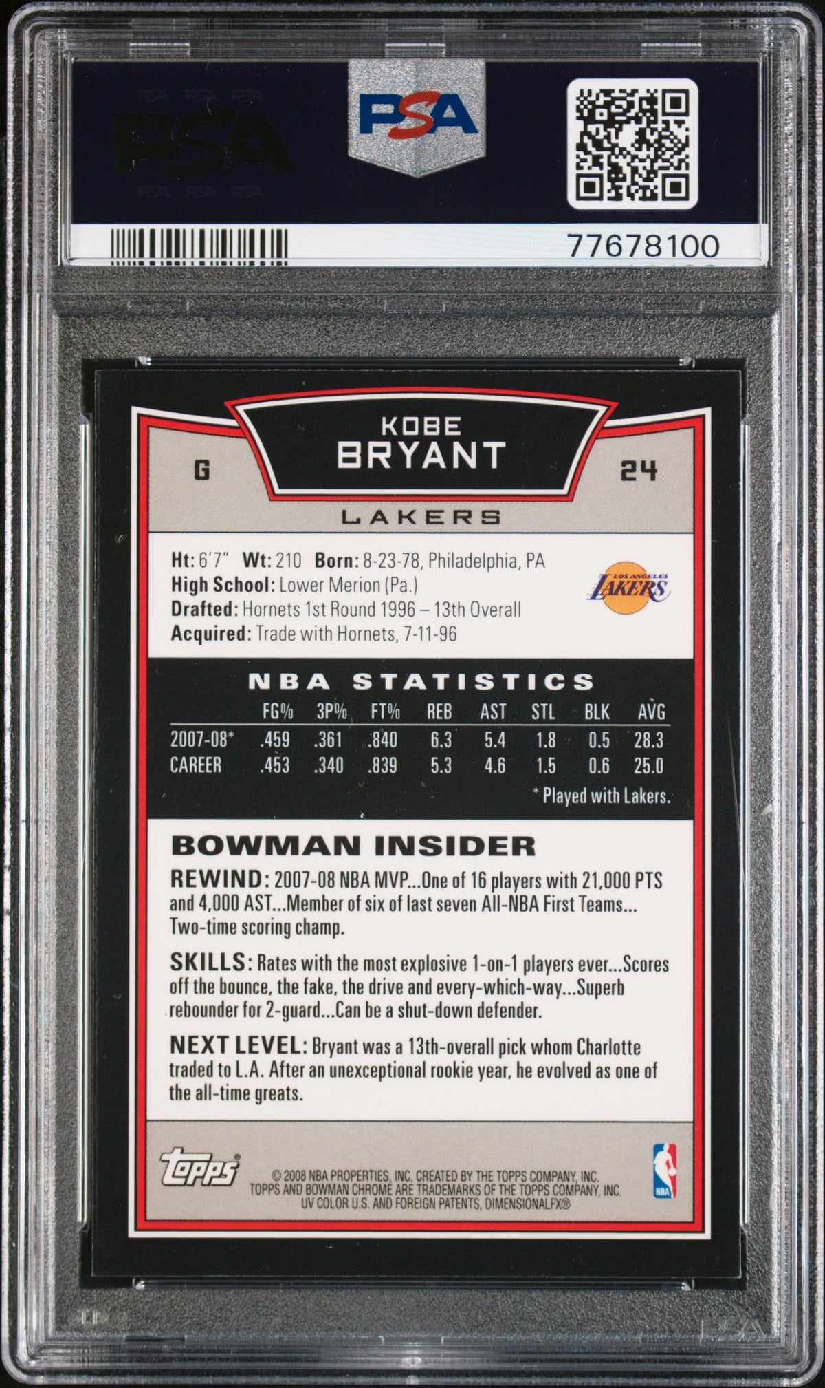 Kobe Bryant 2008 Bowman Chrome Lakers Card #24 PSA 8