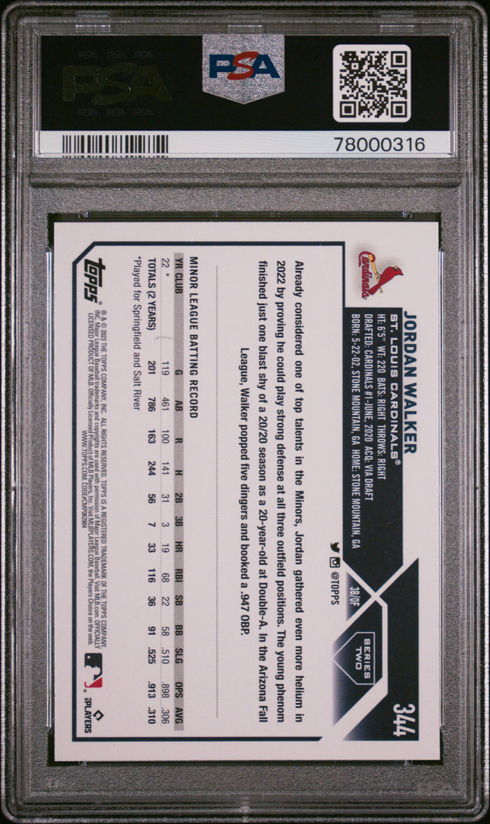 Jordan Walker 2023 Topps St. Louis Cardinals Baseball RC Rookie Card #344 Graded PSA 10 Cert #78000316-Powers Sports Memorabilia
