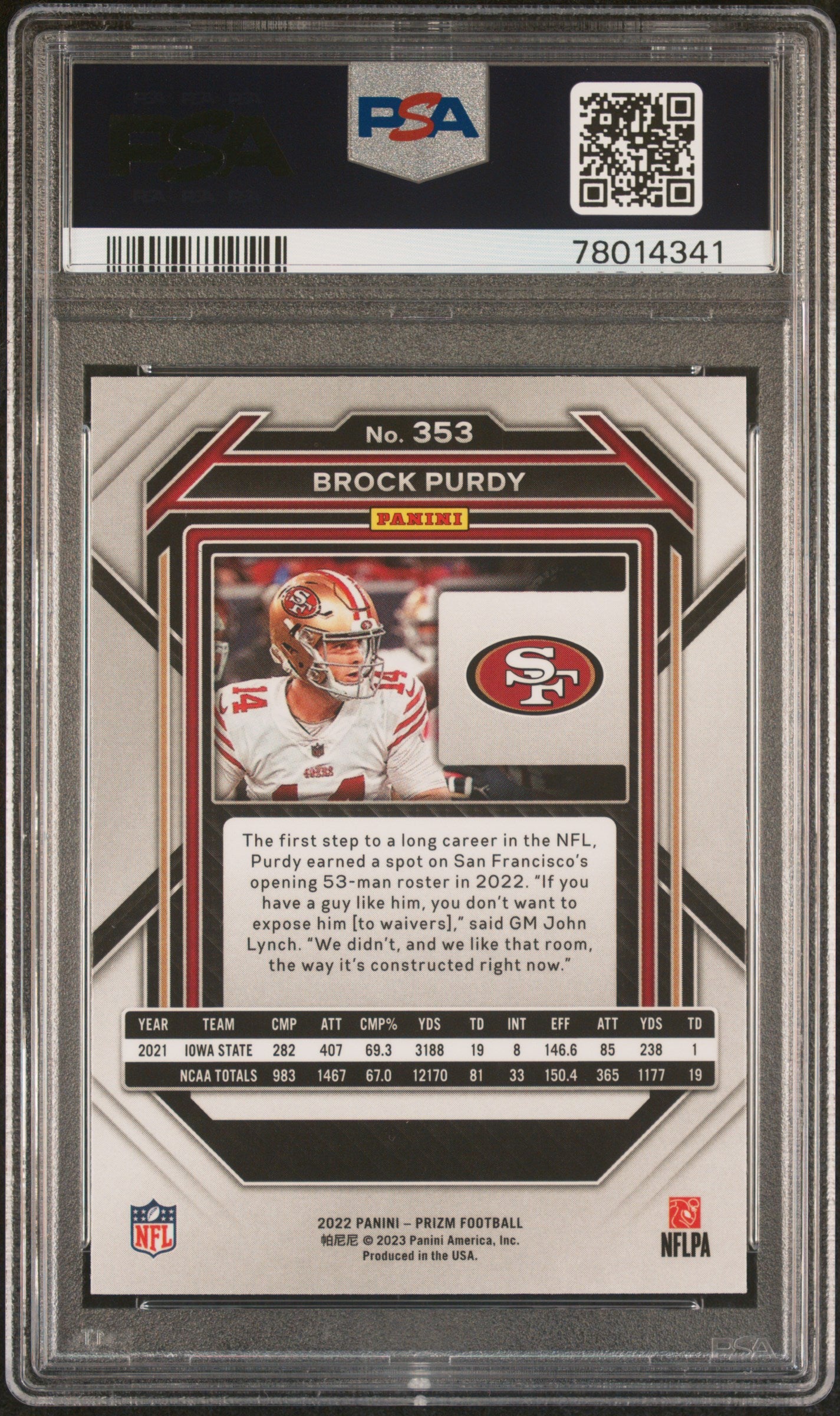 Brock Purdy 2022 Panini Prizm Rookie Football Card #353 Graded PSA 10 Cert #78014341-Powers Sports Memorabilia