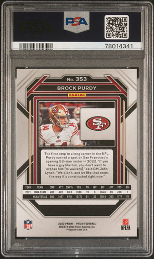Brock Purdy 2022 Panini Prizm Rookie Football Card #353 Graded PSA 10 Cert #78014341-Powers Sports Memorabilia