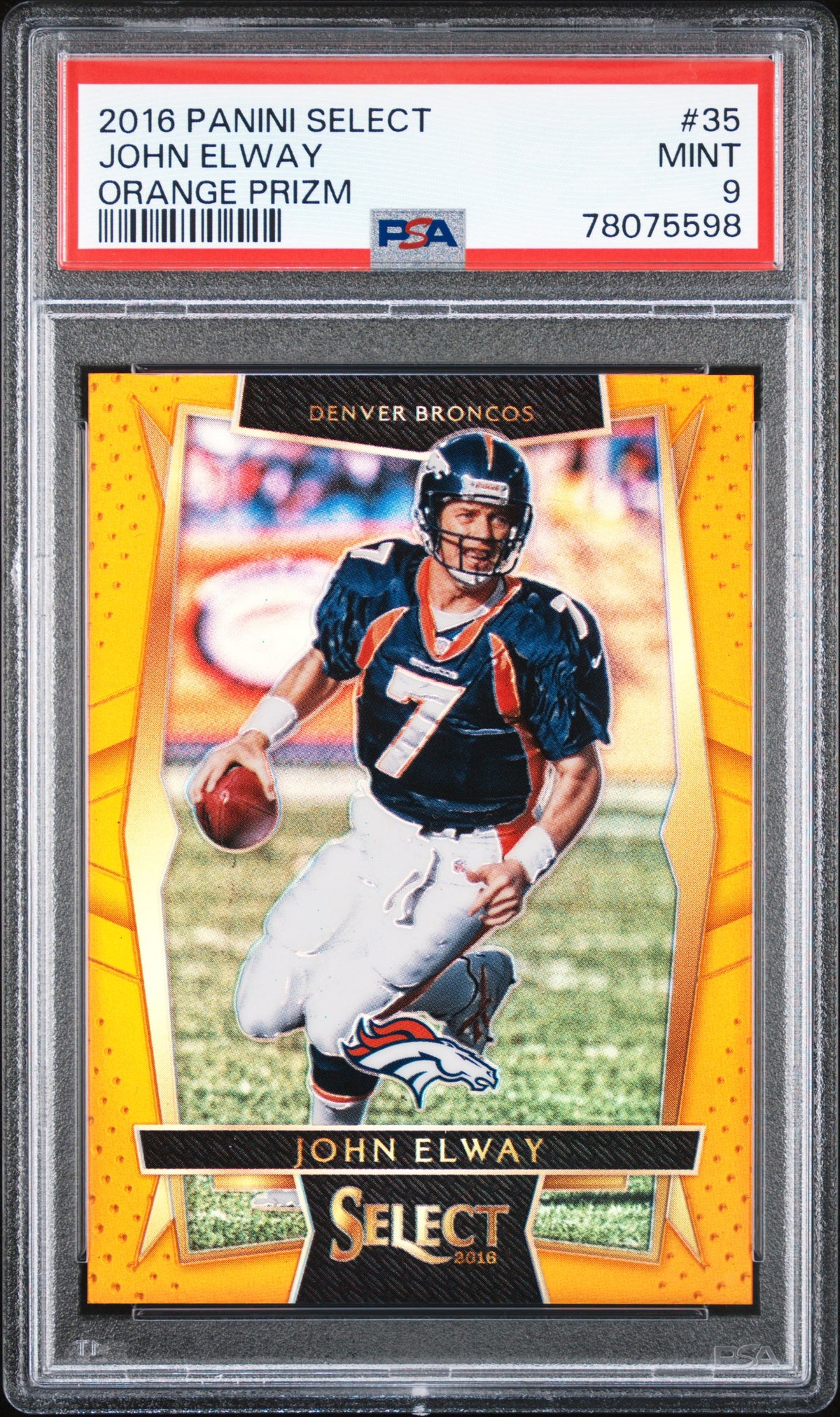 John Elway 2016 Panini Select Orange Prizm Card #35 PSA 9 37/49-Powers Sports Memorabilia