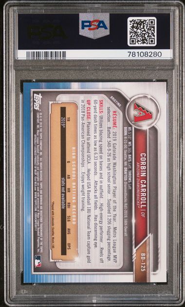 Corbin Carroll 2019 Bowman Draft Baseball Rookie Card #BD125 Graded PSA 10-Powers Sports Memorabilia