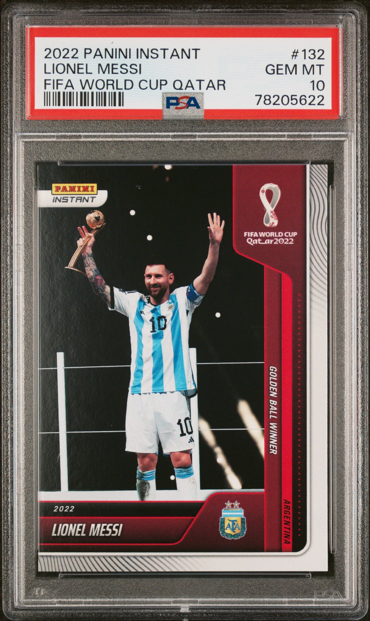 Lionel Messi 2022 Panini Instant FIFA World Cup Qatar Golden Ball Winner Argentina Soccer Card #132 Graded PSA 10 Cert #78205622-Powers Sports Memorabilia