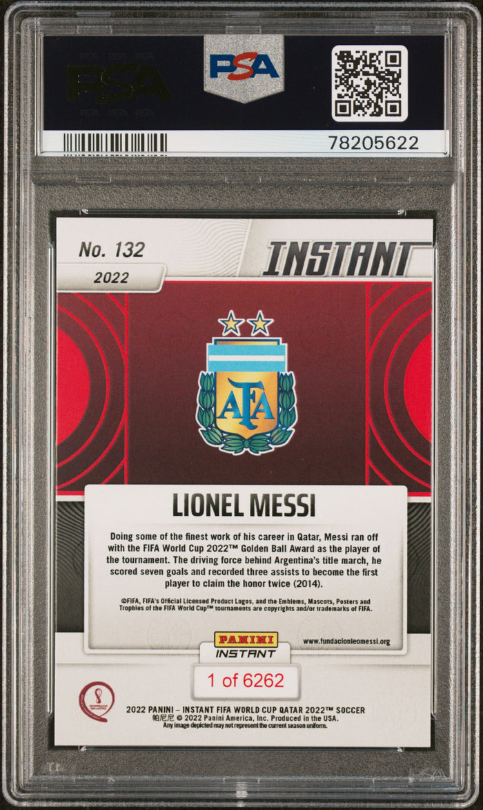 Lionel Messi 2022 Panini Instant FIFA World Cup Qatar Golden Ball Winner Argentina Soccer Card #132 Graded PSA 10 Cert #78205622-Powers Sports Memorabilia