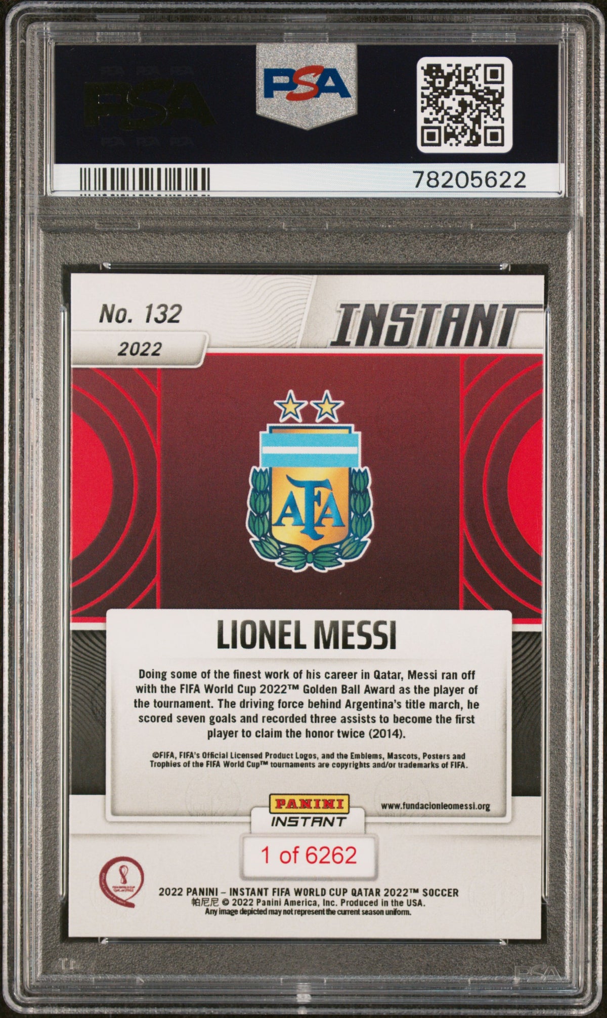 Lionel Messi 2022 Panini Instant FIFA World Cup Qatar Golden Ball Winner Argentina Soccer Card #132 Graded PSA 10 Cert #78205622-Powers Sports Memorabilia