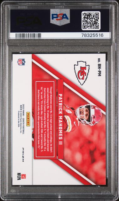 Patrick Mahomes 2022 Panini Zenith Behind the Numbers Red Card #BNPM PSA 10