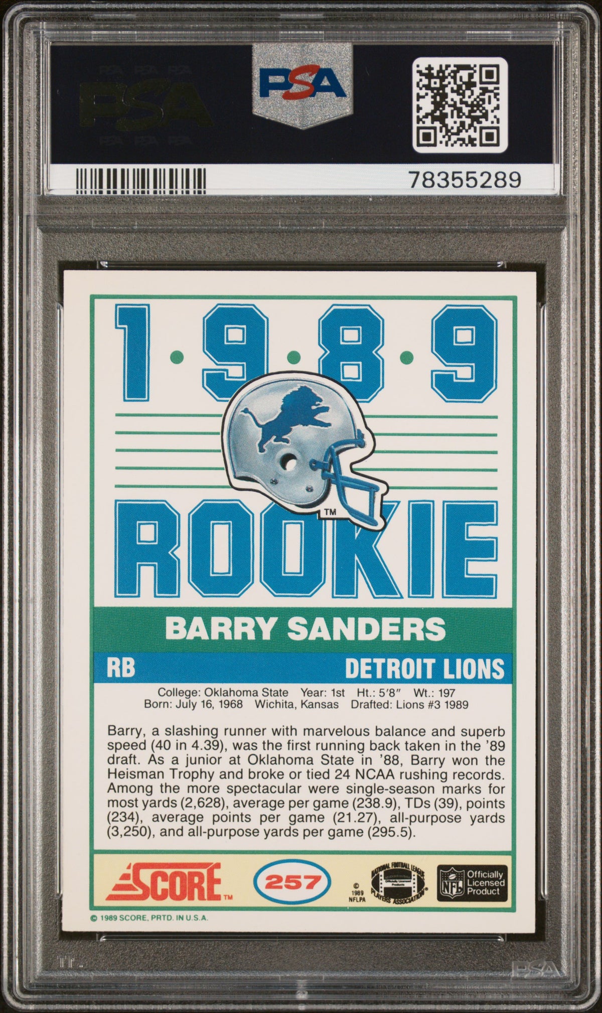Barry Sanders 1989 Score Detroit Lions Signed Football RC Rookie Card #257 Graded PSA 8 Auto 10 Cert #78355289