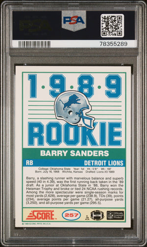 Barry Sanders 1989 Score Detroit Lions Signed Football RC Rookie Card #257 Graded PSA 8 Auto 10 Cert #78355289