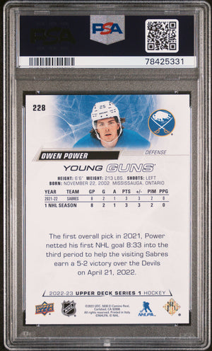 Owen Power 2022 Upper Deck Young Guns Buffalo Sabres Hockey RC Rookie Card #228 Graded PSA 10 Cert #78425331-Powers Sports Memorabilia