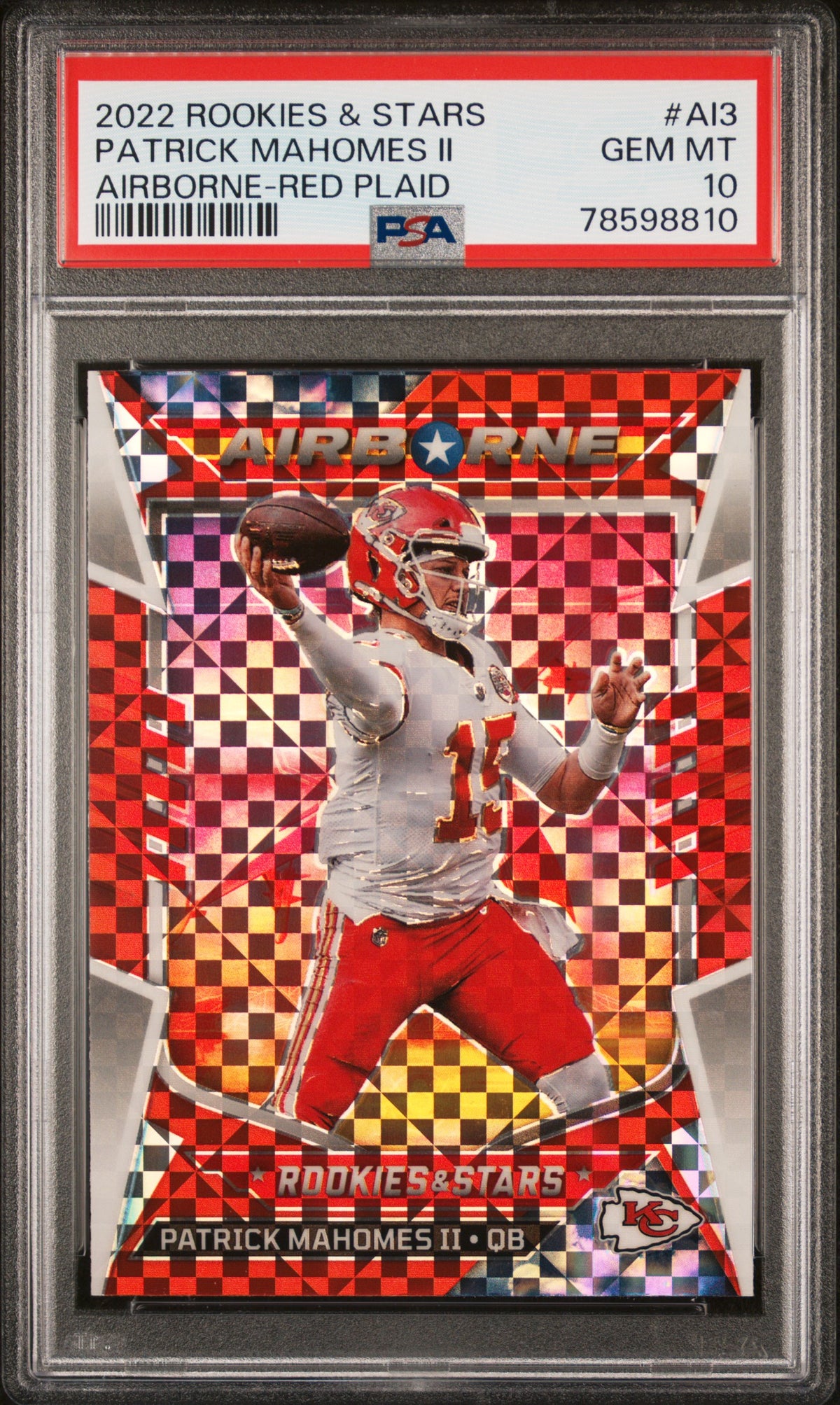 Patrick Mahomes II 2022 Panini Rookies & Stars Airborne Red Plaid Kansas City Chiefs Football Card #AI3 Graded PSA 10 Cert #78598810-Powers Sports Memorabilia