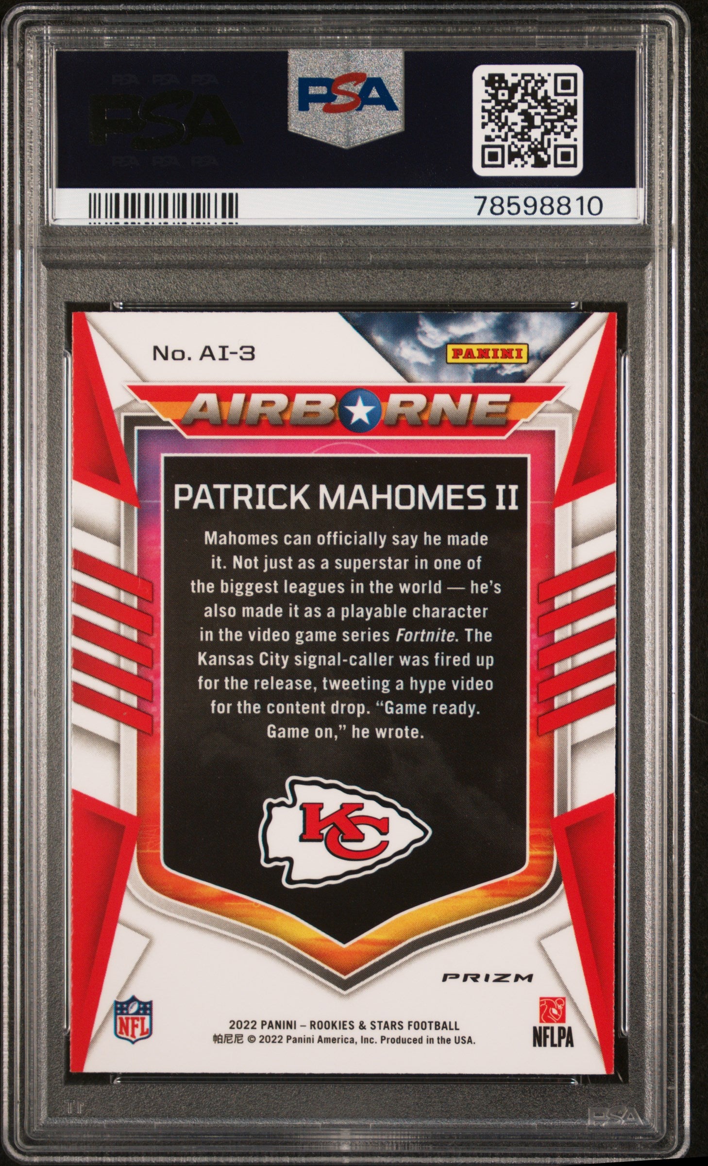Patrick Mahomes II 2022 Panini Rookies & Stars Airborne Red Plaid Kansas City Chiefs Football Card #AI3 Graded PSA 10 Cert #78598810-Powers Sports Memorabilia