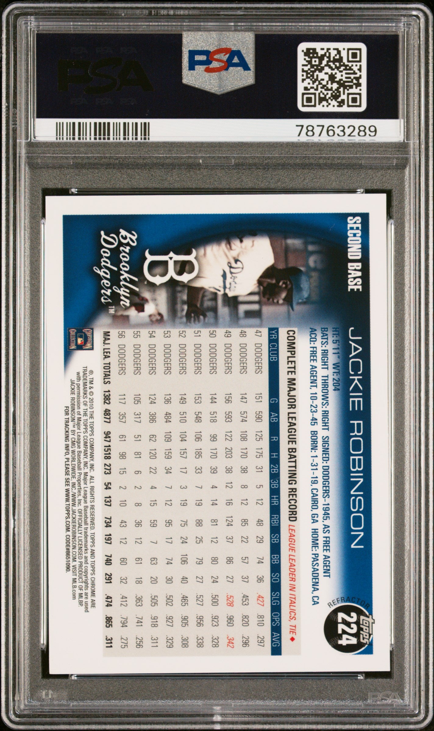 Jackie Robinson 2010 Topps Chrome Refractor Baseball Card #224 Graded PSA 10-Powers Sports Memorabilia