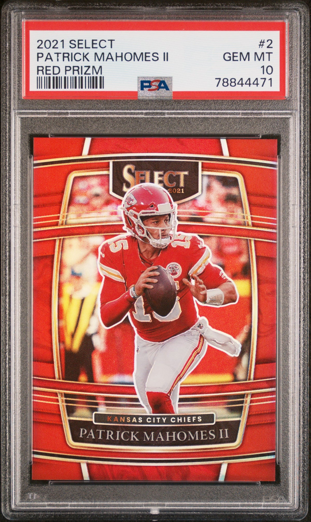Patrick Mahomes II 2021 Panini Select Red Prizm Kansas City Chiefs Football Card #2 Graded PSA 10 Cert #78844471 26/99