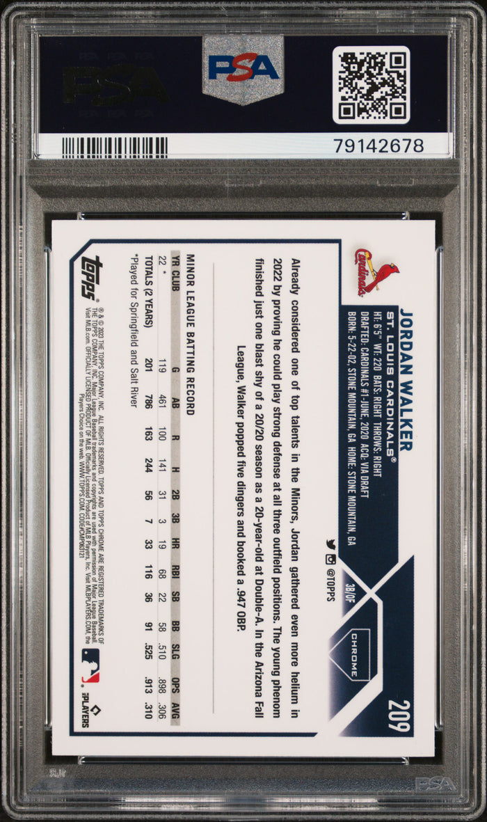 Jordan Walker 2023 Topps Chrome St. Louis Cardinals Baseball RC Rookie Card #209 Graded PSA 10 Cert #79142678-Powers Sports Memorabilia