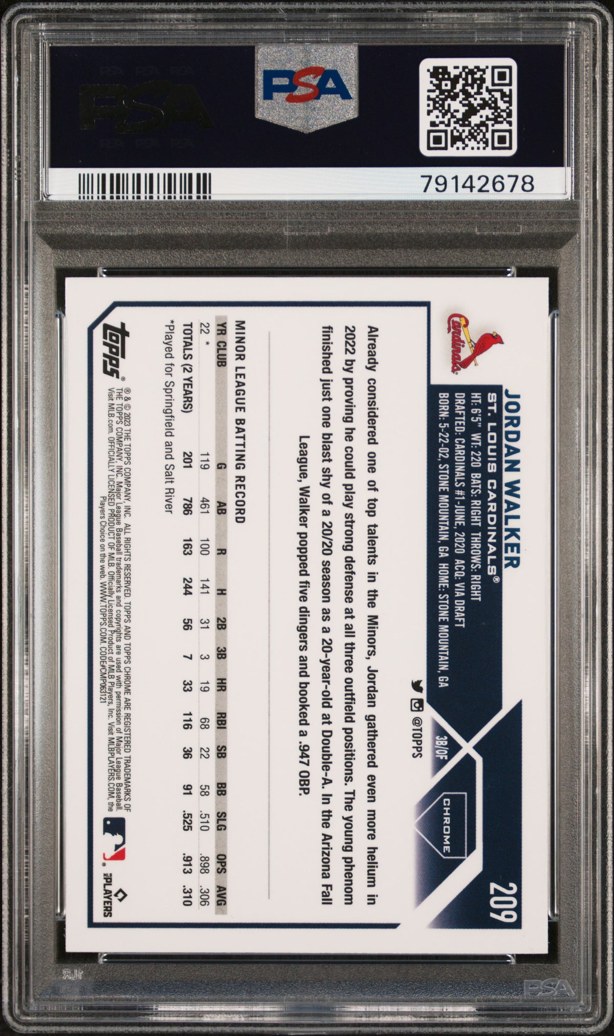Jordan Walker 2023 Topps Chrome St. Louis Cardinals Baseball RC Rookie Card #209 Graded PSA 10 Cert #79142678-Powers Sports Memorabilia