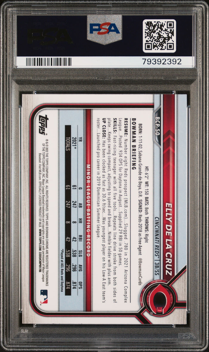 Elly De La Cruz 2022 Bowman Chrome Prospects 1st Bowman Cincinnati Reds Baseball RC Rookie Card #BCP50 Graded PSA 10 Cert #79392392-Powers Sports Memorabilia