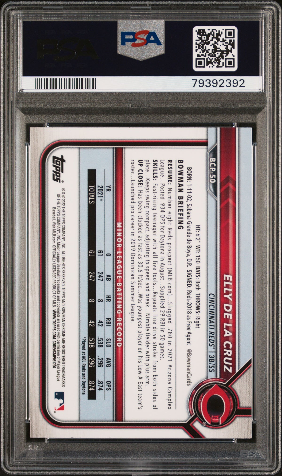Elly De La Cruz 2022 Bowman Chrome Prospects 1st Bowman Cincinnati Reds Baseball RC Rookie Card #BCP50 Graded PSA 10 Cert #79392392-Powers Sports Memorabilia