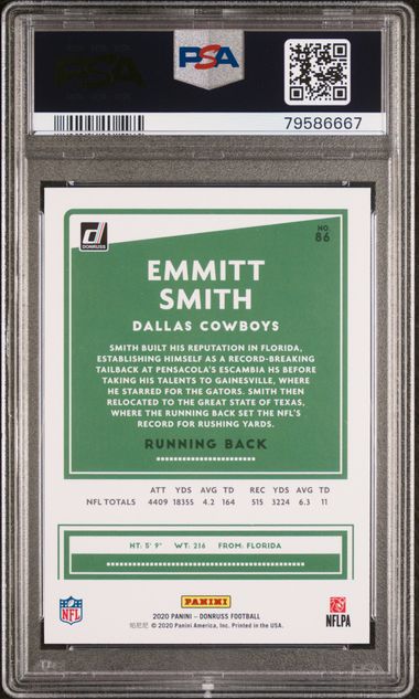Emmitt Smith 2020 Panini Donruss Football Card #86 Graded PSA 10-Powers Sports Memorabilia