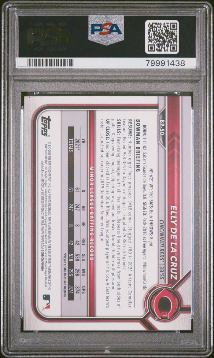 Elly De La Cruz 2022 Bowman Paper Prospects 1st Cincinnati Reds Baseball RC Rookie Card #BP50 Graded PSA 10 Cert #79991438-Powers Sports Memorabilia