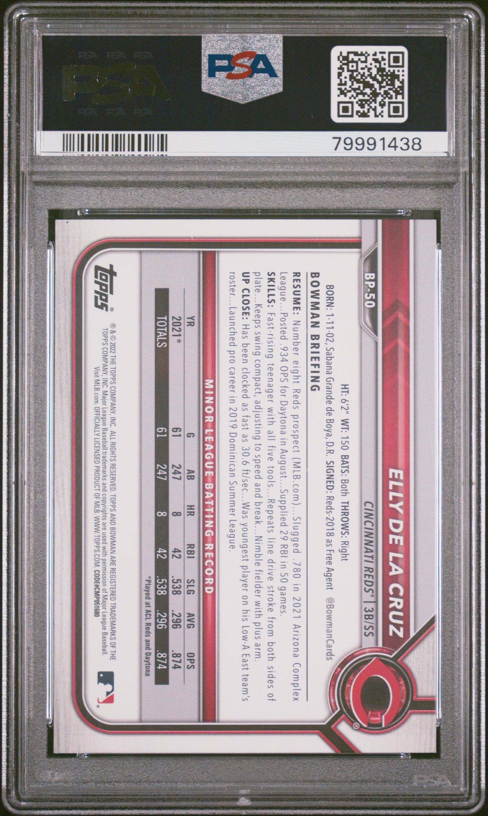 Elly De La Cruz 2022 Bowman Paper Prospects 1st Cincinnati Reds Baseball RC Rookie Card #BP50 Graded PSA 10 Cert #79991438-Powers Sports Memorabilia