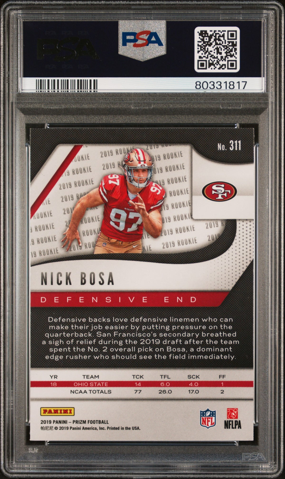 Nick Bosa 2019 Panini Prizm Football Rookie Card #311 Graded PSA 10-Powers Sports Memorabilia