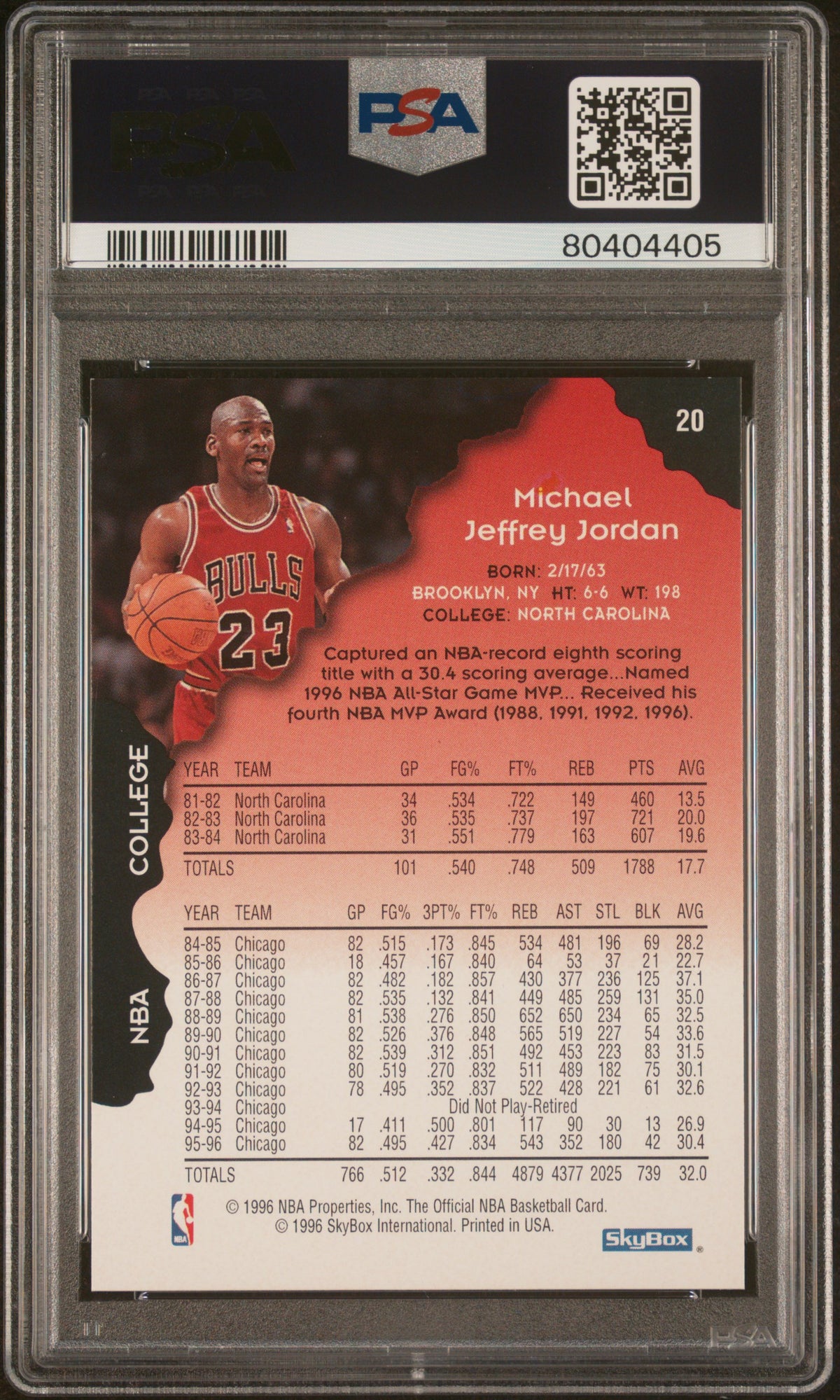 Michael Jordan 1996 NBA Hoops Chicago Bulls Basketball Card #20 Graded PSA 9 Cert #80404405-Powers Sports Memorabilia