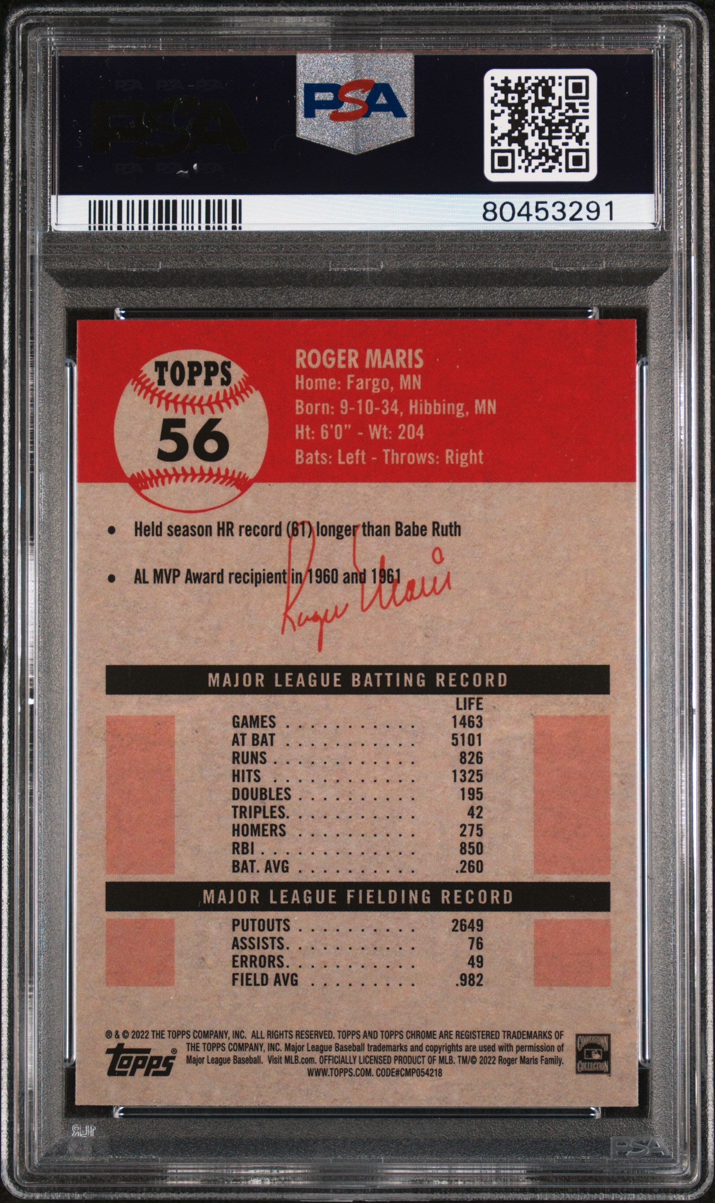 Roger Maris 2022 Topps Chrome Platinum Anniversary Baseball Card #56 Graded PSA 10