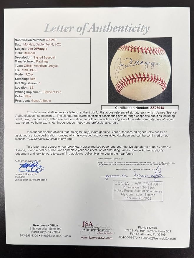 Joe DiMaggio Autographed New York Yankees Signed American League Baseball JSA COA With UV Display Case ZZ26948-Powers Sports Memorabilia