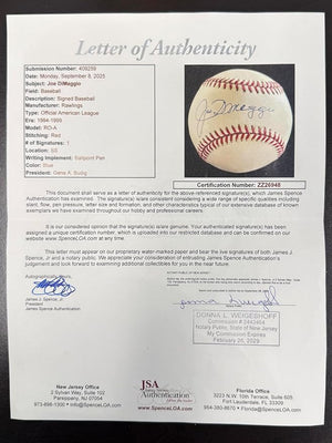 Joe DiMaggio Autographed New York Yankees Signed American League Baseball JSA COA With UV Display Case ZZ26948-Powers Sports Memorabilia