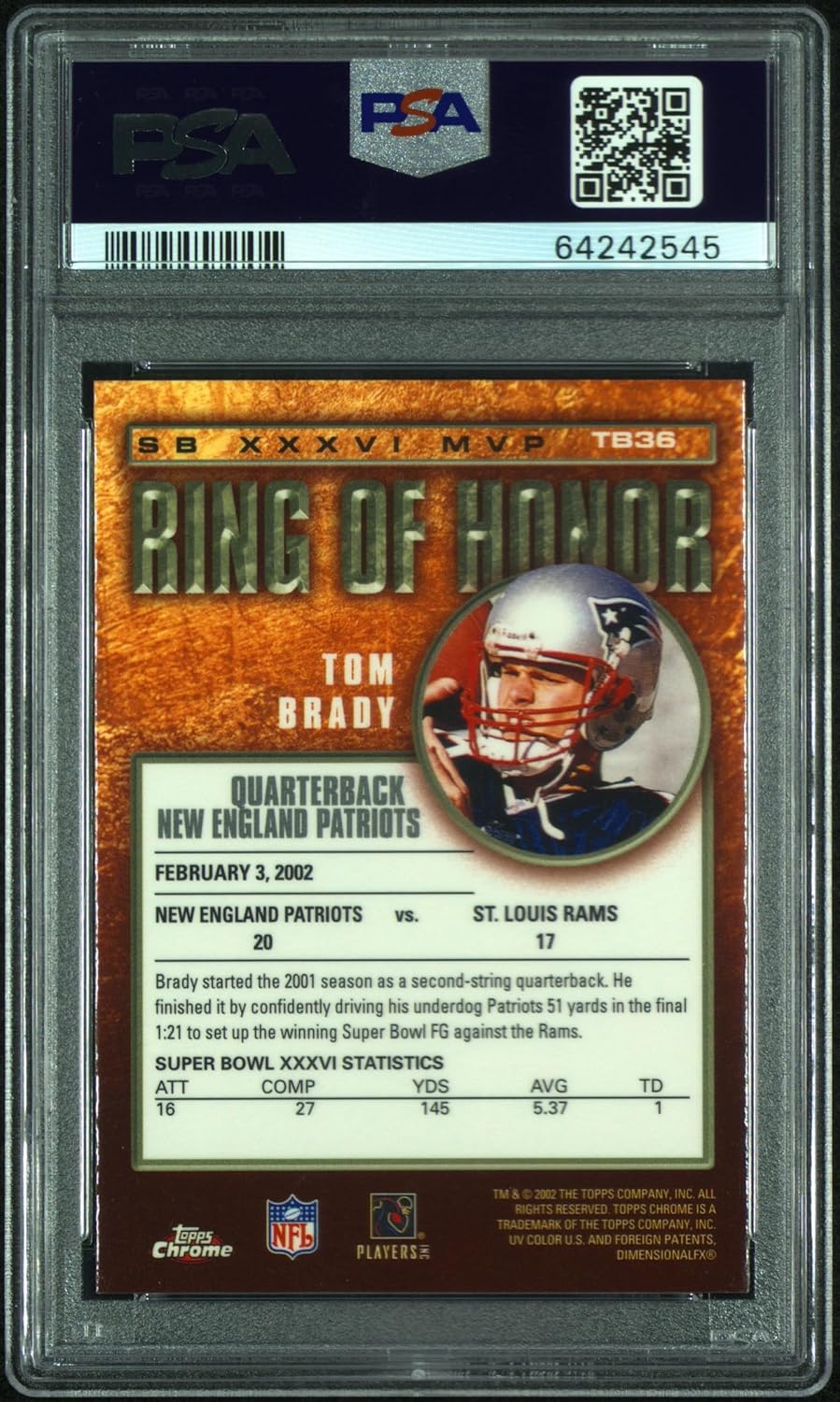 Tom Brady 2002 Topps Chrome Ring of Honor Card #TB36 Graded PSA 10-Powers Sports Memorabilia