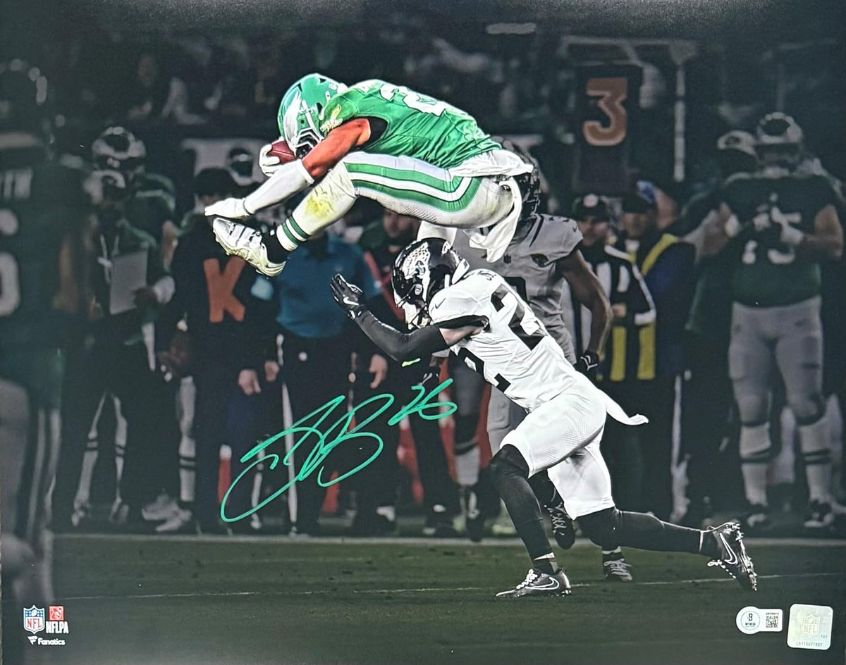 Saquon Barkley Autographed Philadelphia Eagles Reverse Hurdle Signed 16x20 Football Photo Beckett Authenticated COA Green-Powers Sports Memorabilia