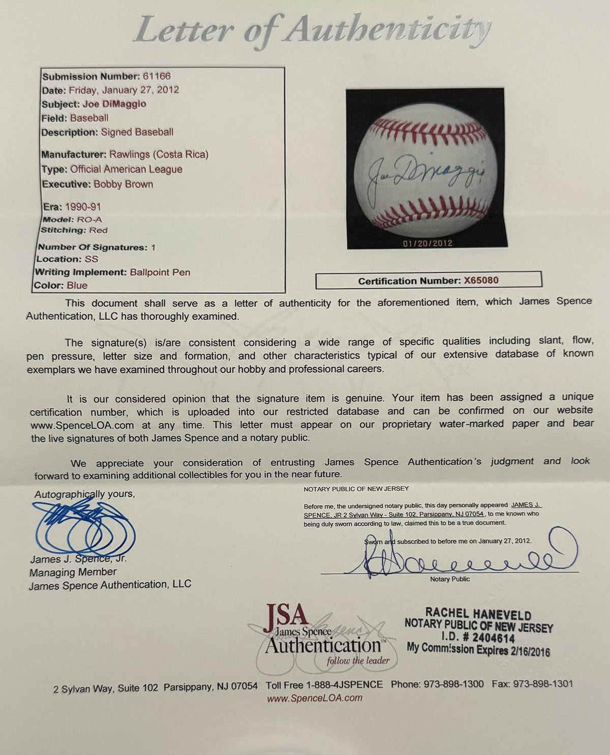 Joe DiMaggio Autographed New York Yankees Signed American League Baseball JSA COA With UV Display Case X65080-Powers Sports Memorabilia