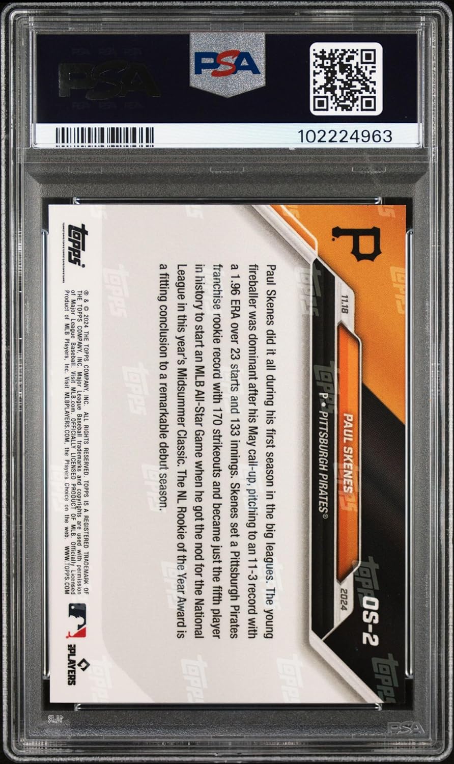 Paul Skenes 2024 Topps Now Rookie of the Year Baseball Rookie Card #OS2 Graded PSA 10-Powers Sports Memorabilia