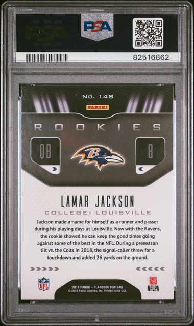 Lamar Jackson 2018 Panini Playbook Football Rookie Card #148 Graded PSA 9-Powers Sports Memorabilia